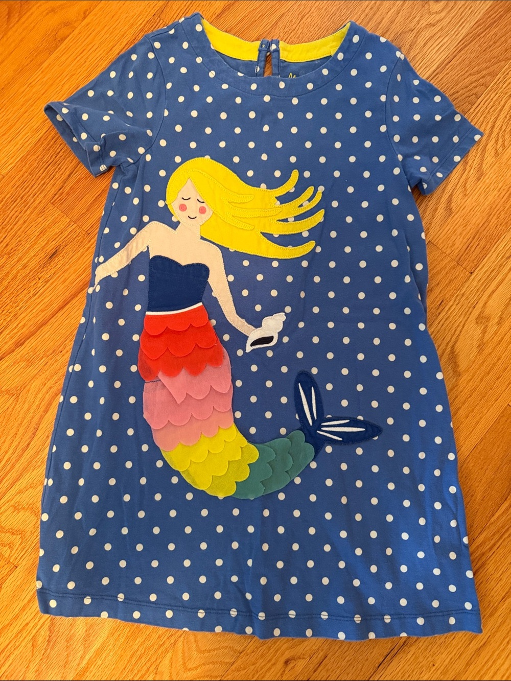 Mini Boden Blue Polka Dot Mermaid Dress with Multi-Color Scales